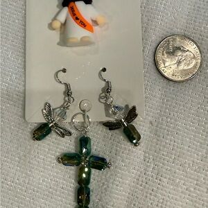 Beaded Cross and Green and Silver Cross Angel Earrings. Includes pocket Jesus!